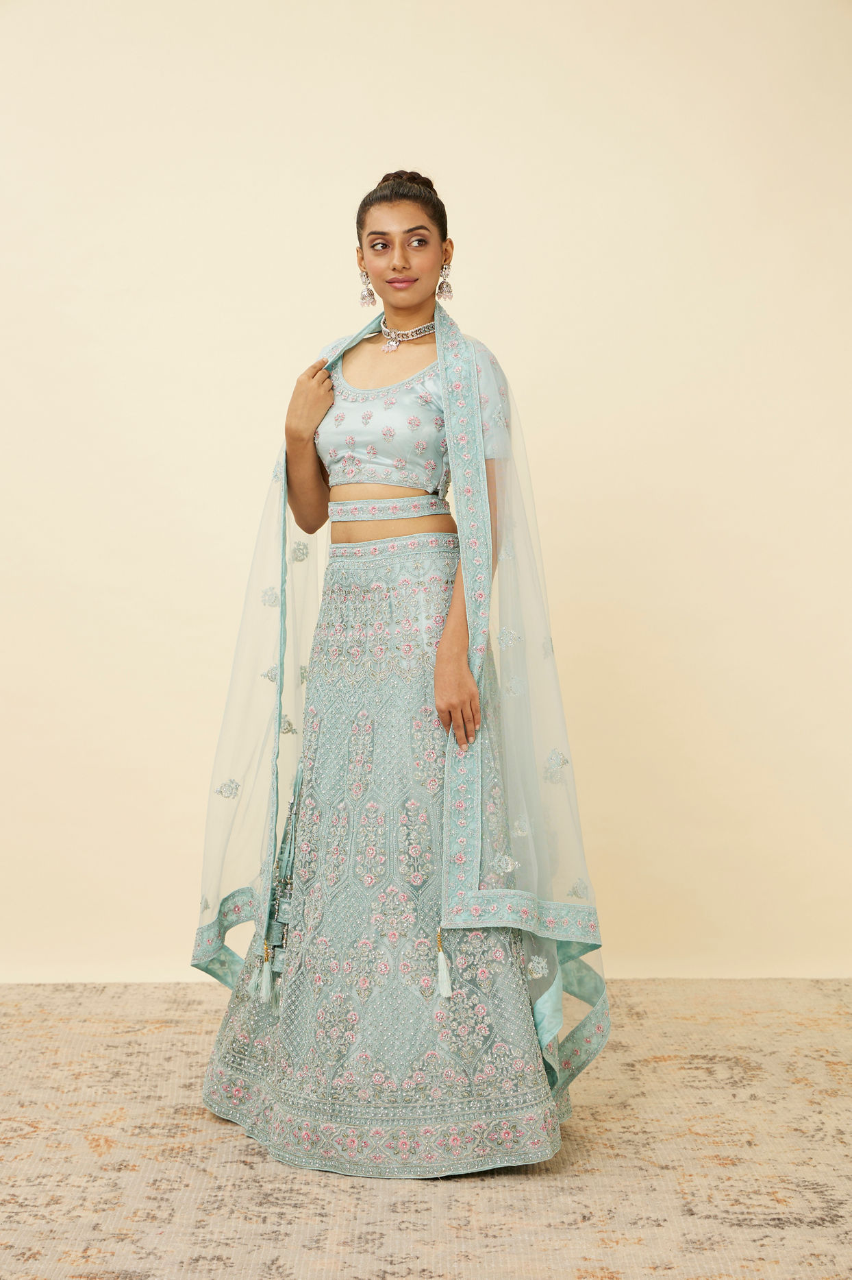 alt message - Mohey Women Tropical Blue Floral Patterned Lehenga image number 2